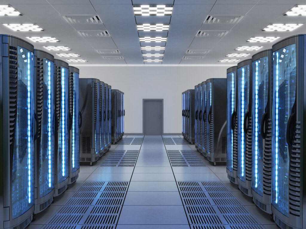 Interior view of a modern data center with rows of illuminated server racks